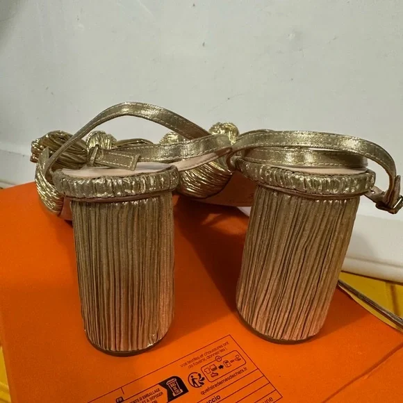 Loeffler Randall Camellia Gold Pleated Bow Heel Sandal MSRP $400 EUC Size 9.5 - Picture 5 of 9